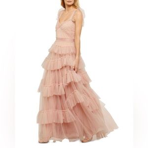 BCBGMAXAZRIA Women's Pink Eve Tiered Ruffled Tulle Maxi Dress
